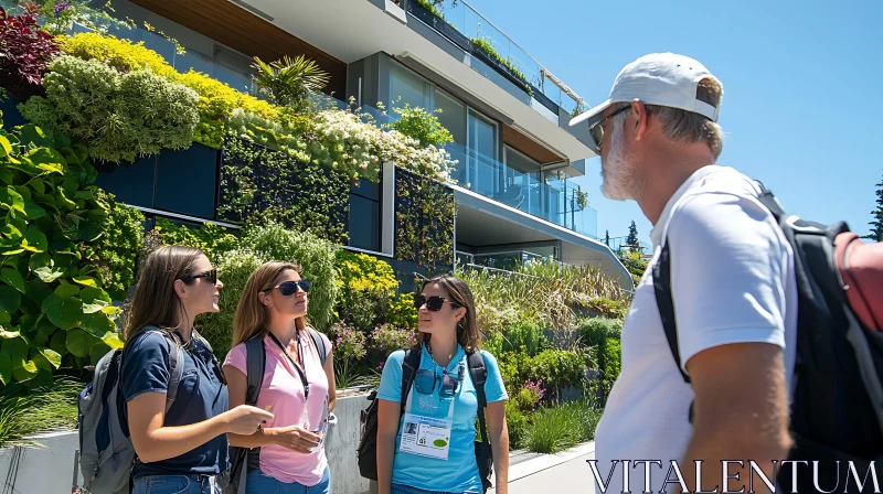 AI ART People Conversing Near Green Vertical Gardened Building