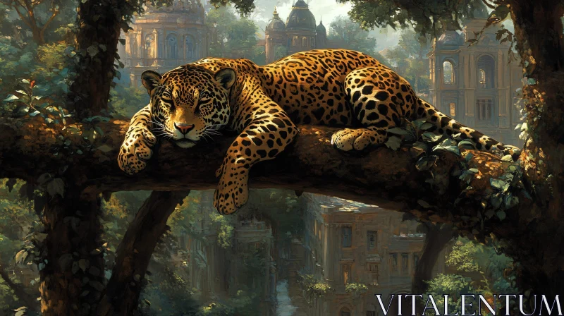 AI ART Leopard on Tree Amidst Ancient Ruins