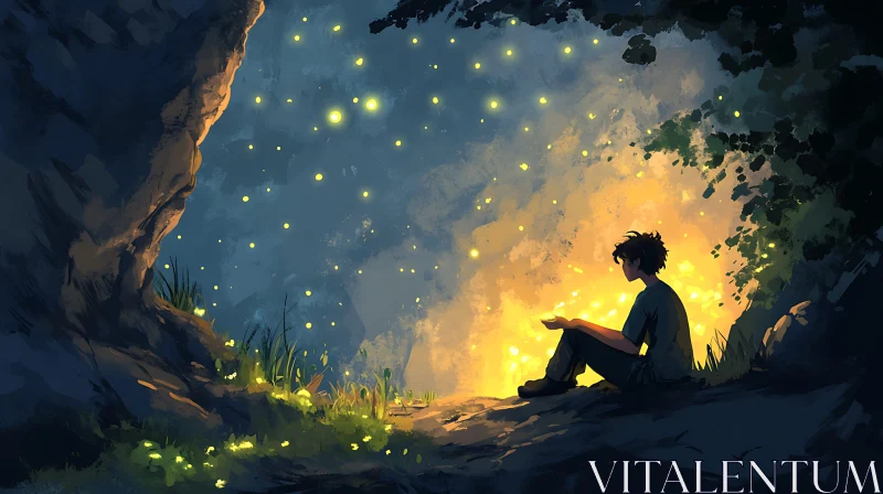 Night Scene with Boy and Fireflies AI Image