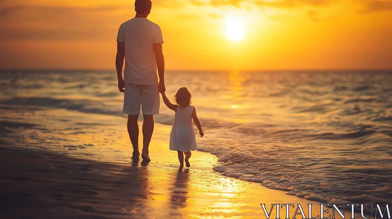 AI ART Golden Hour Walk: Father and Daughter by the Sea