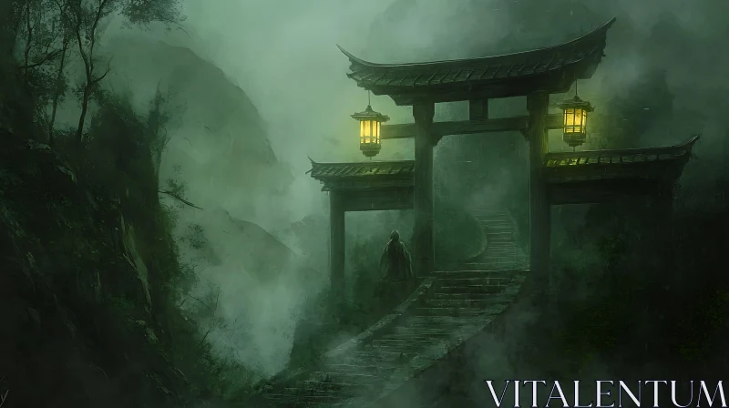 Foggy Asian Architecture with Monk AI Image