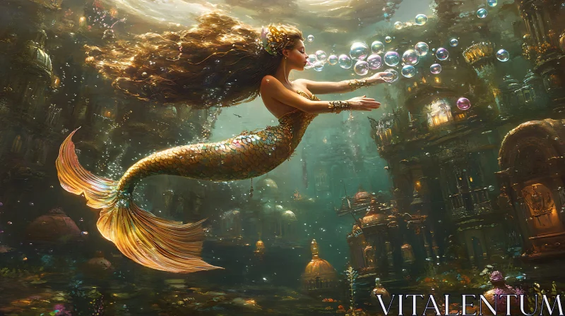Underwater Mermaid Blowing Bubbles AI Image