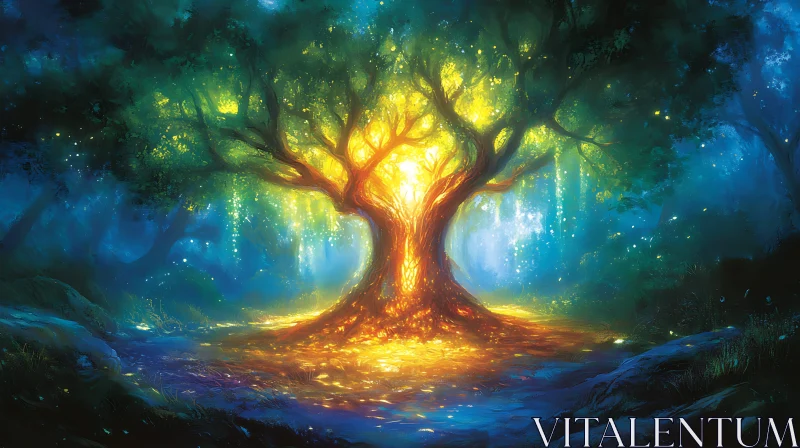 AI ART Mystical Glowing Tree in Fantasy Forest