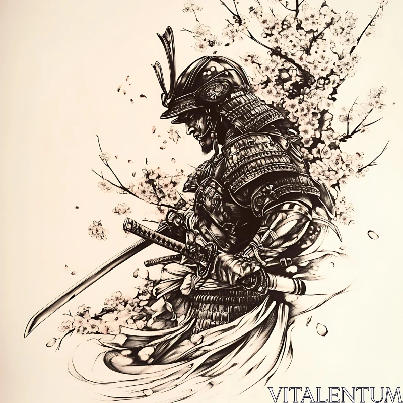 AI ART Monochrome Samurai with Cherry Blossoms