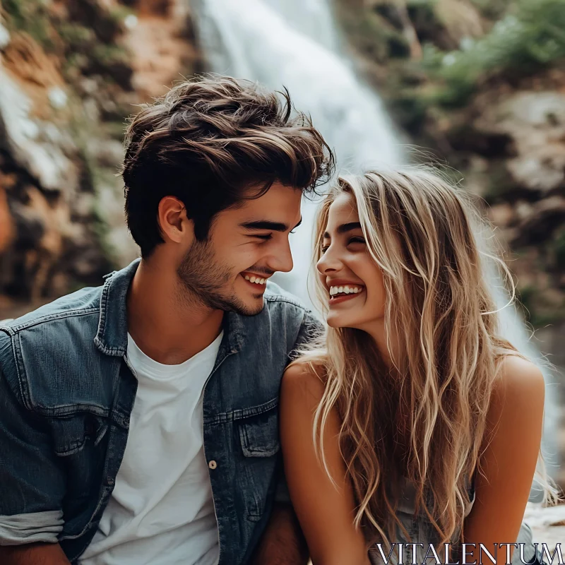 Couple's Joyful Moment by the Waterfall AI Image