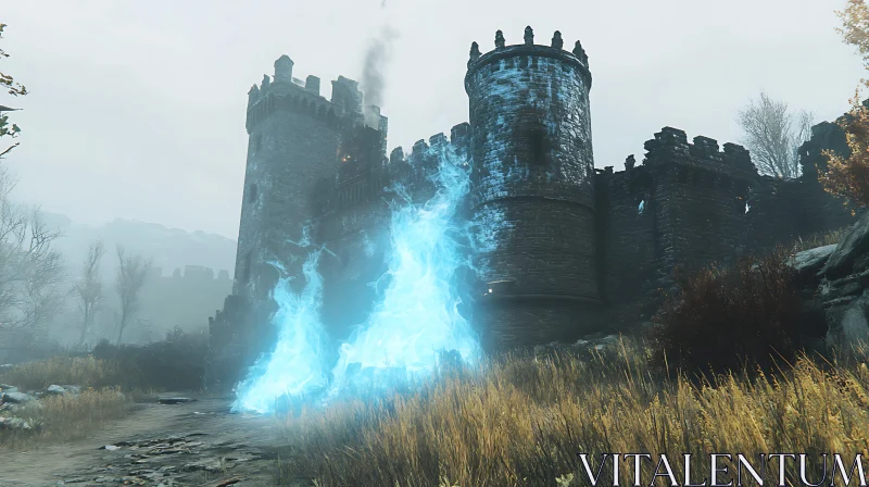 AI ART Castle with Blue Flames