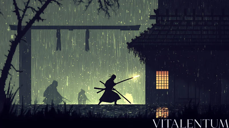 Warrior in Rainy Night Illustration AI Image