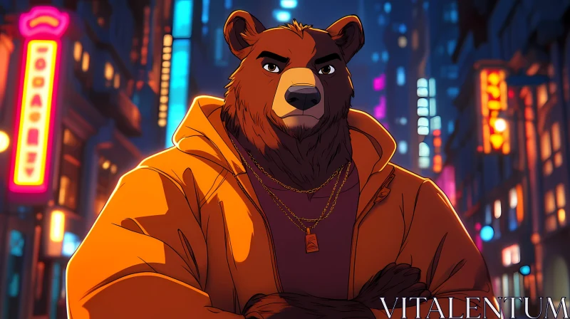 Urban Bear in Vibrant Night Scene AI Image