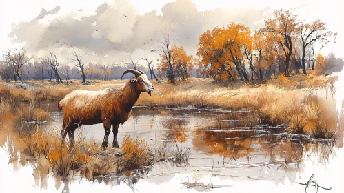 Rustic Autumn Landscape with Goat