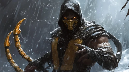 Armored Fighter in Snowy Battle Scene