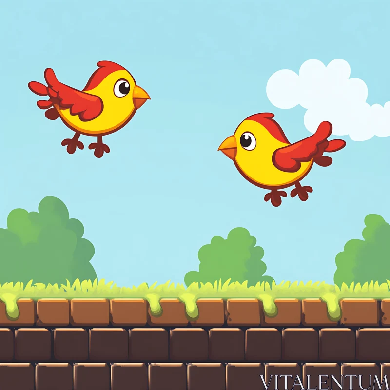 AI ART Cartoon Birds Over Brick Ground