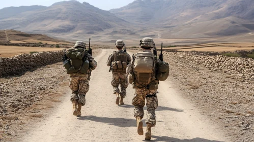 Military Personnel on Patrol in Desert