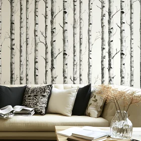 Chic Interior Decor with Tree-themed Wall Art and Comfortable Seating