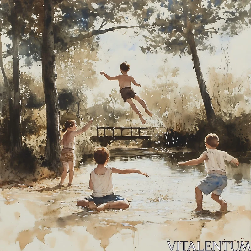 AI ART Watercolor River Fun: A Childhood Summer