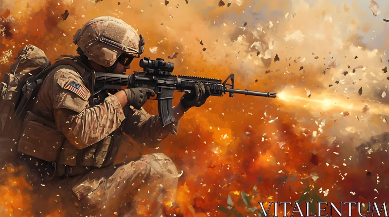 Soldier in Firefight: A Moment of Valor AI Image