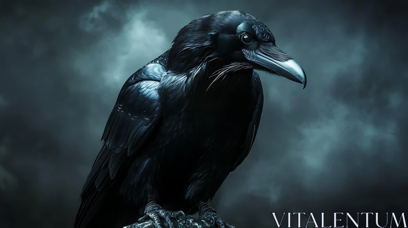 Dark Raven Portrait on Stormy Background AI Image