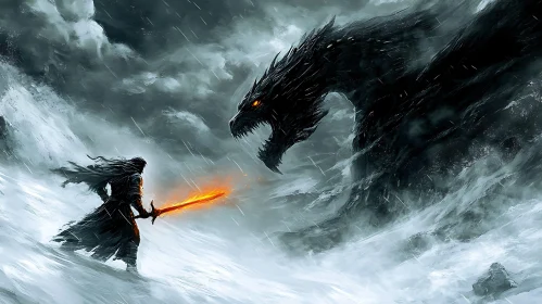 Warrior Confronts Dragon in Fantasy Storm