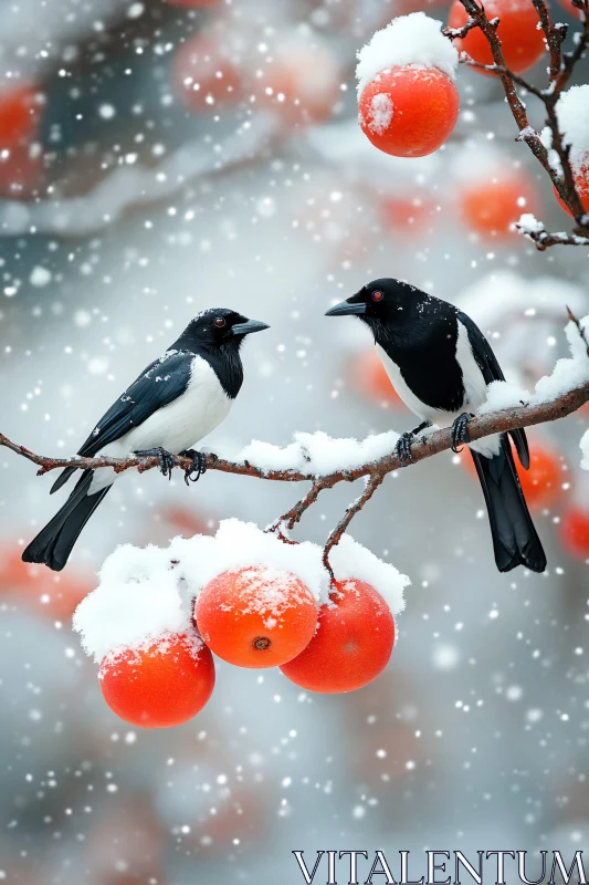 Magpies on Snowy Branch with Orange Berries AI Image