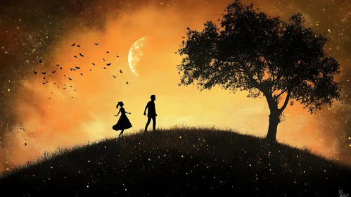 Couple's Moonlit Walk Silhouette Art