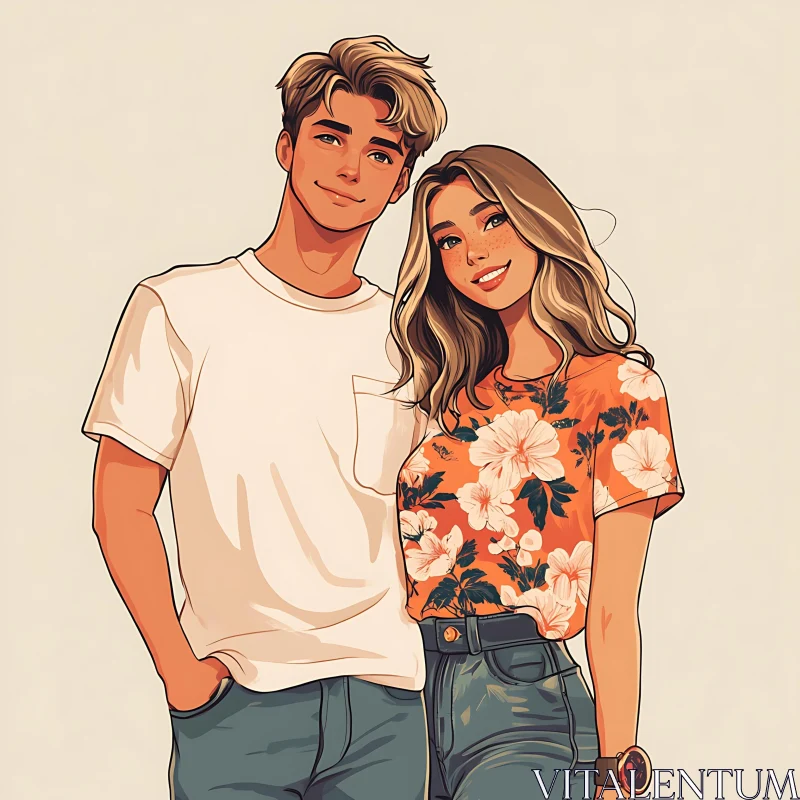 Young Couple in Casual Wear Illustration AI Image