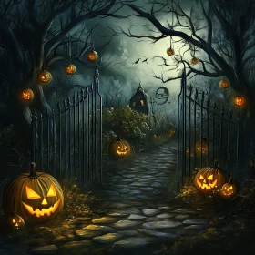 Spooky Halloween Scene with Glowing Pumpkins