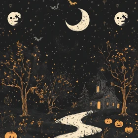 Spooky Halloween Night with Pumpkins and Bats