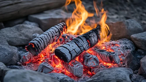 Close-up of a Campfire with Burning Logs