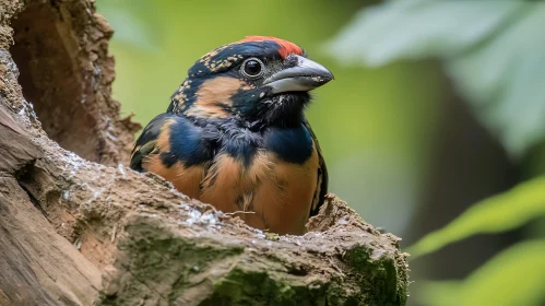 Colorful Bird Portrait in Tree Hollow