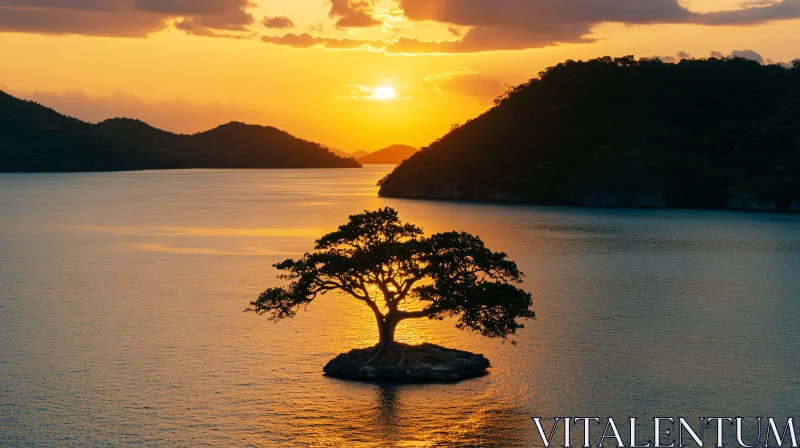 AI ART Golden Sunset Solitary Tree