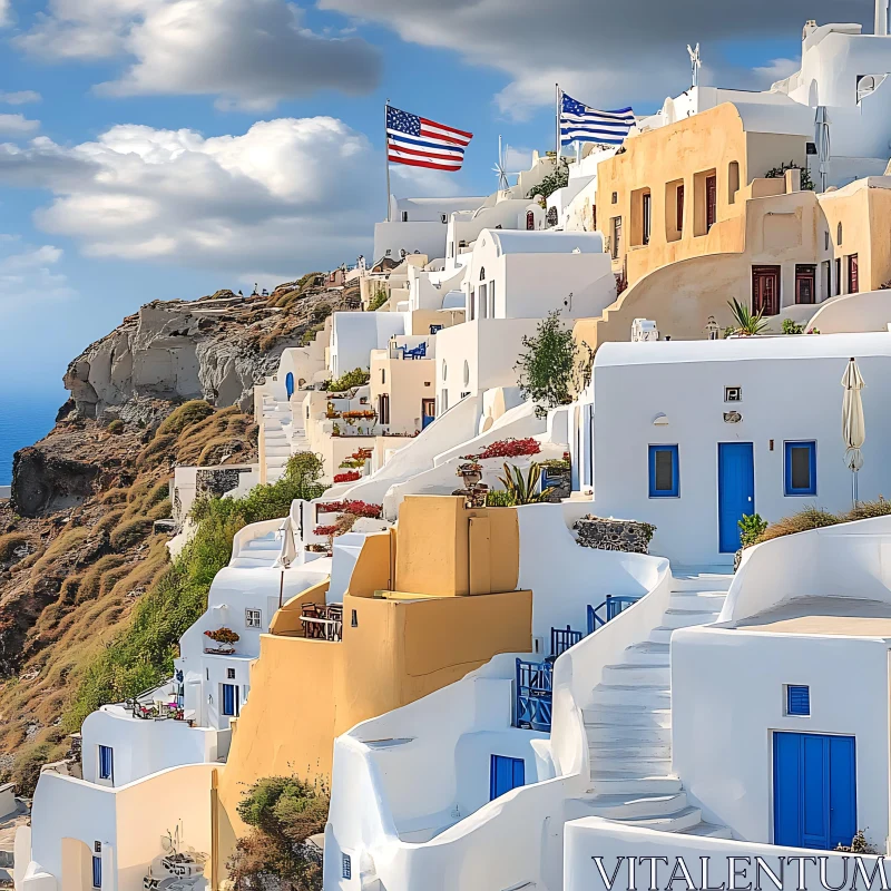 White Buildings of Santorini with Flags AI Image