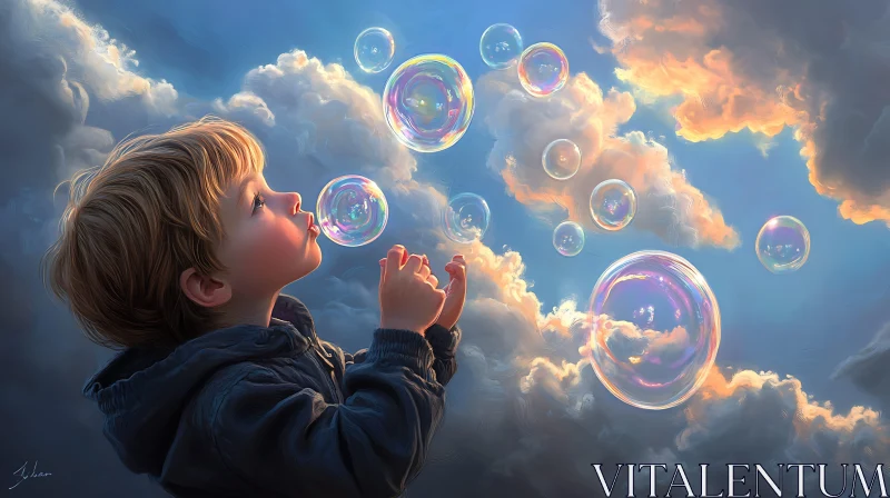 AI ART Bubbles and Dreams: A Child's Skyward Vision