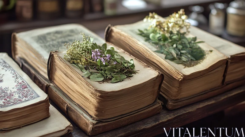 Antique Books with Dried Botanical Adornments AI Image