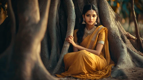 Golden Sari Portrait at Tree Base