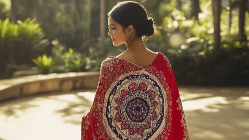 Woman in Dress with Circular Patterns