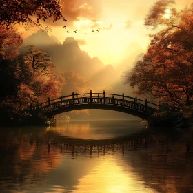 Picturesque Sunset Landscape with Arched Bridge