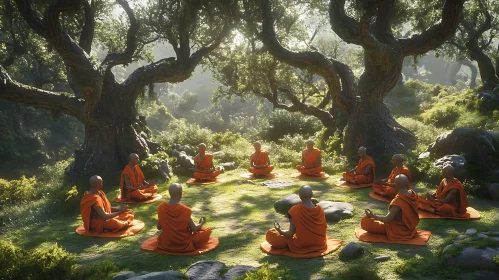 Peaceful Monks in Forest Meditation