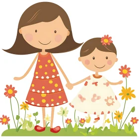 Whimsical Mother-Daughter Floral Scene