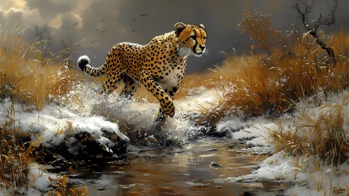 Cheetah in Snowy Savannah Landscape