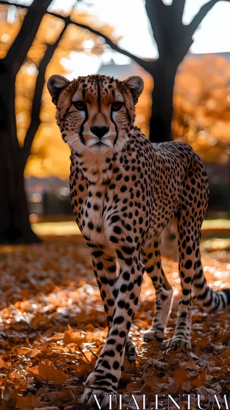 Cheetah Walking Through Autumn Leaves AI Image