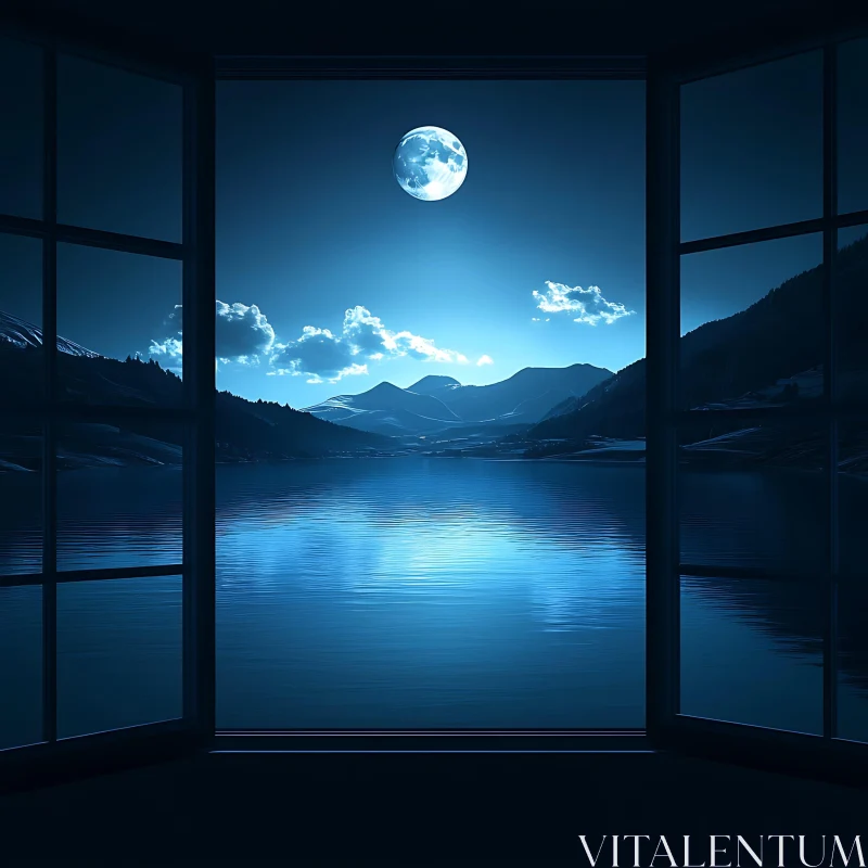 Moonlit Lake through Window AI Image