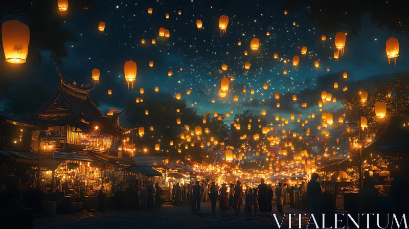 Floating Lanterns at Night AI Image