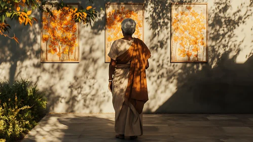 Artistic Reflection: Woman and Leaf Paintings