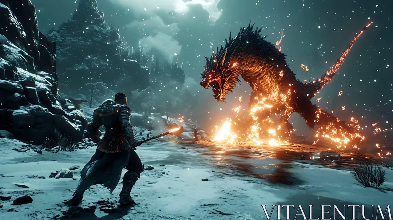 Fantasy Fight: Dragon and Warrior in Winter AI Image