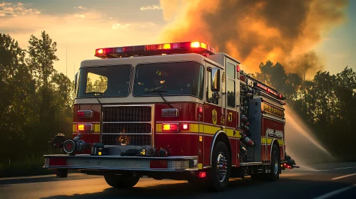 Firefighting Scene with Smoke at Dusk