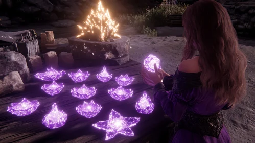 Glowing Crystals and Woman in Purple Dress