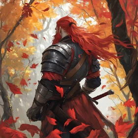 Redhead Warrior in Fall Landscape