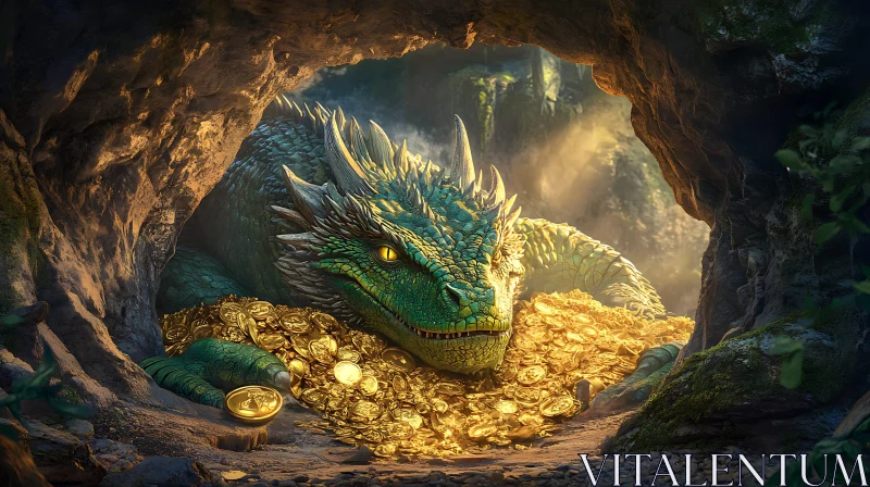 AI ART Emerald Dragon on Golden Treasure