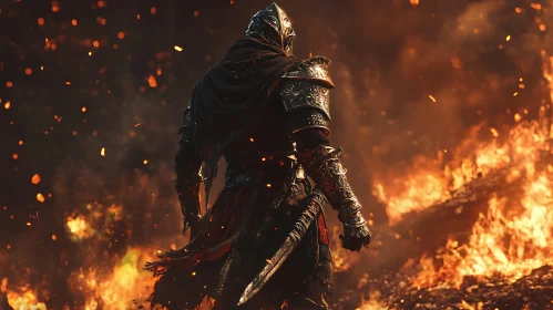 Armored Warrior in Fiery Landscape