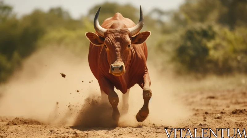 Bull Charging Across Dusty Terrain - A Captivating Visual Narrative AI Image