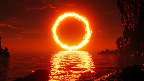 Fiery Ring Reflecting on Ocean Waters